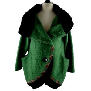 Vtg 70s 80s RIP Bouclé Boiled Wool Faux Fur Jacket Coat L